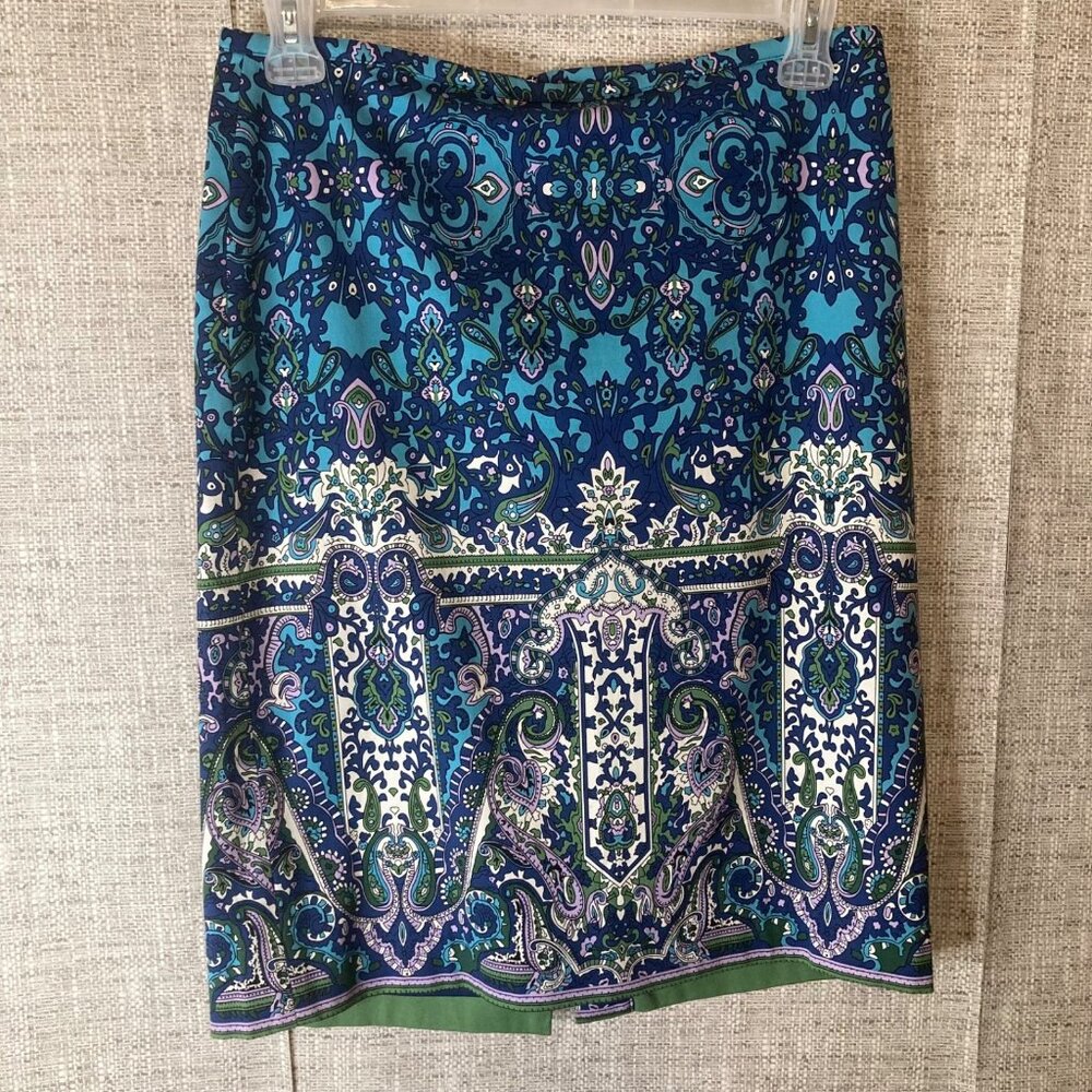 Talbots Blue Green Purple Paisley Damask Pencil Straight Skirt Size 8 With Split
